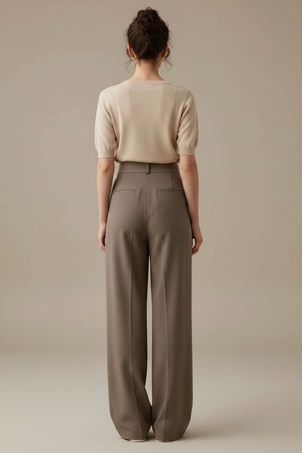 Pantalon À Pince Marron Taille Haute Ample Fluide Élégant - Polyester - vue 2