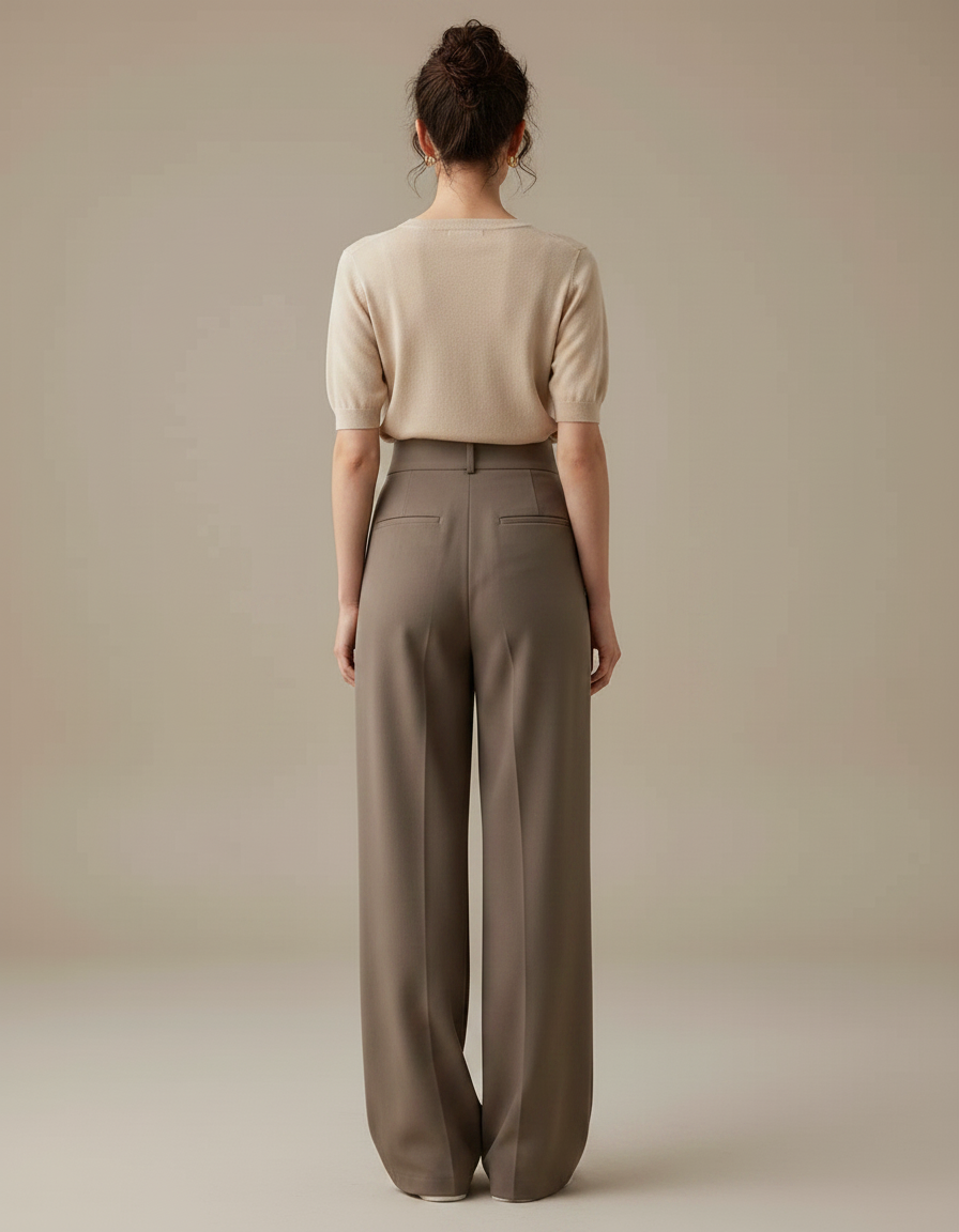 Pantalon À Pince Marron Taille Haute Ample Fluide Élégant - Polyester - vue 2