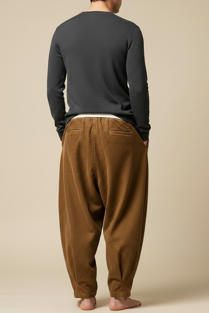 Pantalon À Pince Velours Côtelé Marron Harem Décontracté Homme - vue 2
