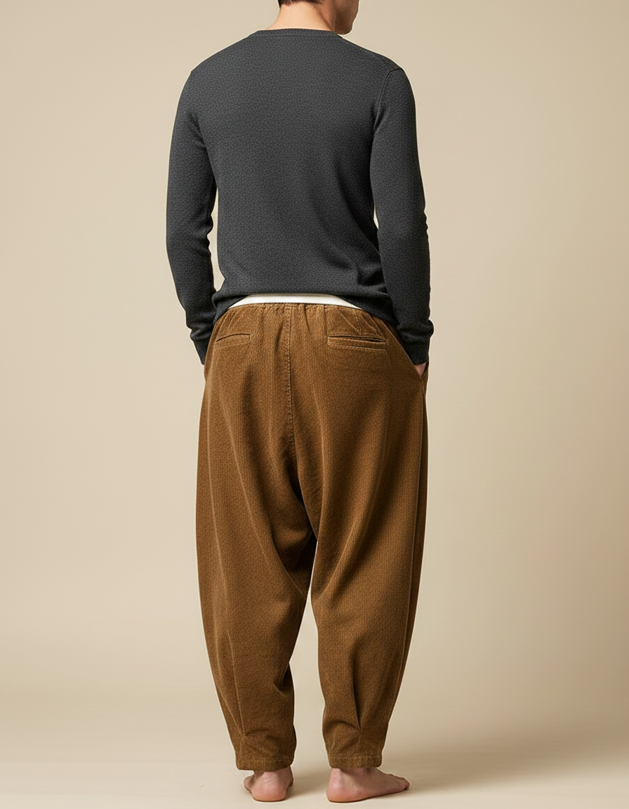 Pantalon À Pince Velours Côtelé Marron Harem Décontracté Homme - vue 2