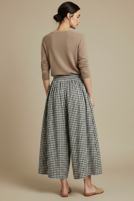 Pantalon À Pince Carreaux Vichy Ample Fluide Femme - Imprimé Coton - vue 2