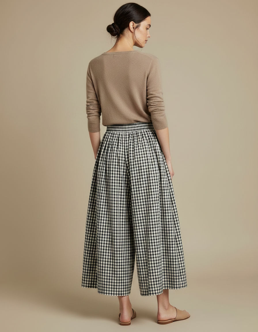 Pantalon À Pince Carreaux Vichy Ample Fluide Femme - Imprimé Coton - vue 2