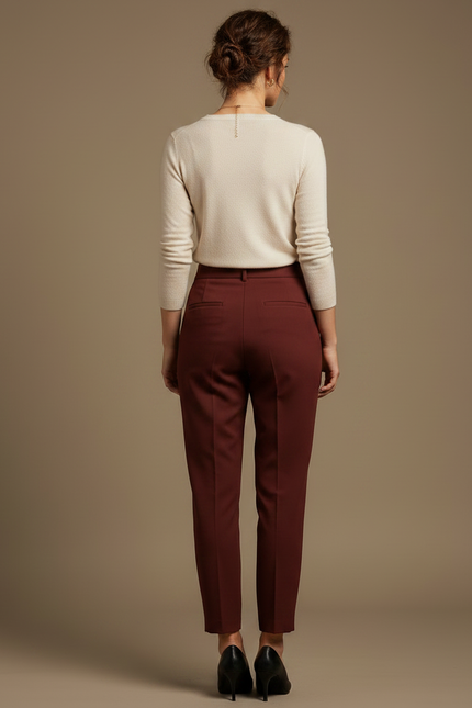 Pantalon À Pince Bordeaux Taille Haute Élégant Femme - Gabardine - vue 2