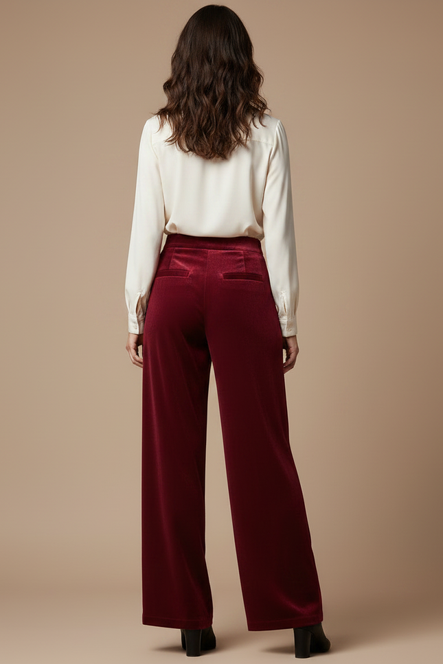 Pantalon À Pince Velours Bordeaux Ample Élégant Femme - vue 2