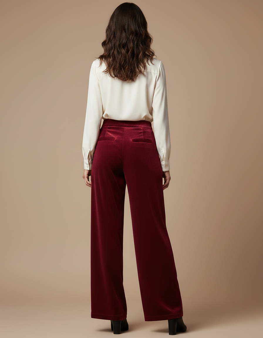 Pantalon À Pince Velours Bordeaux Ample Élégant Femme - vue 2