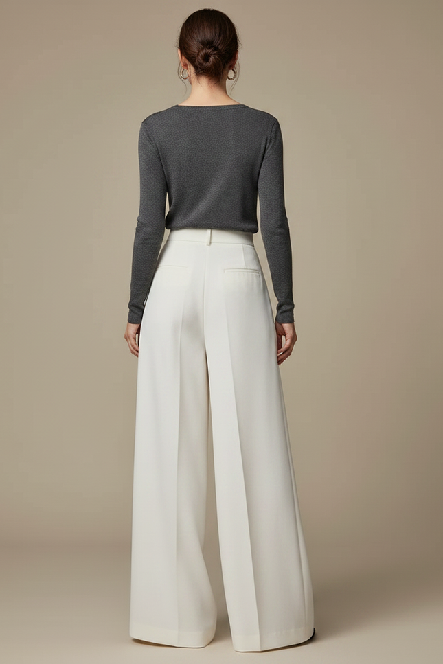 Pantalon À Pince Blanc Fluide Ample Taille Haute Femme - Polyester - vue 2