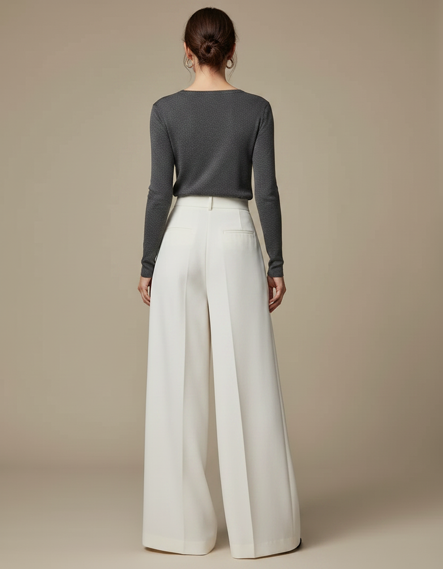 Pantalon À Pince Blanc Fluide Ample Taille Haute Femme - Polyester - vue 2