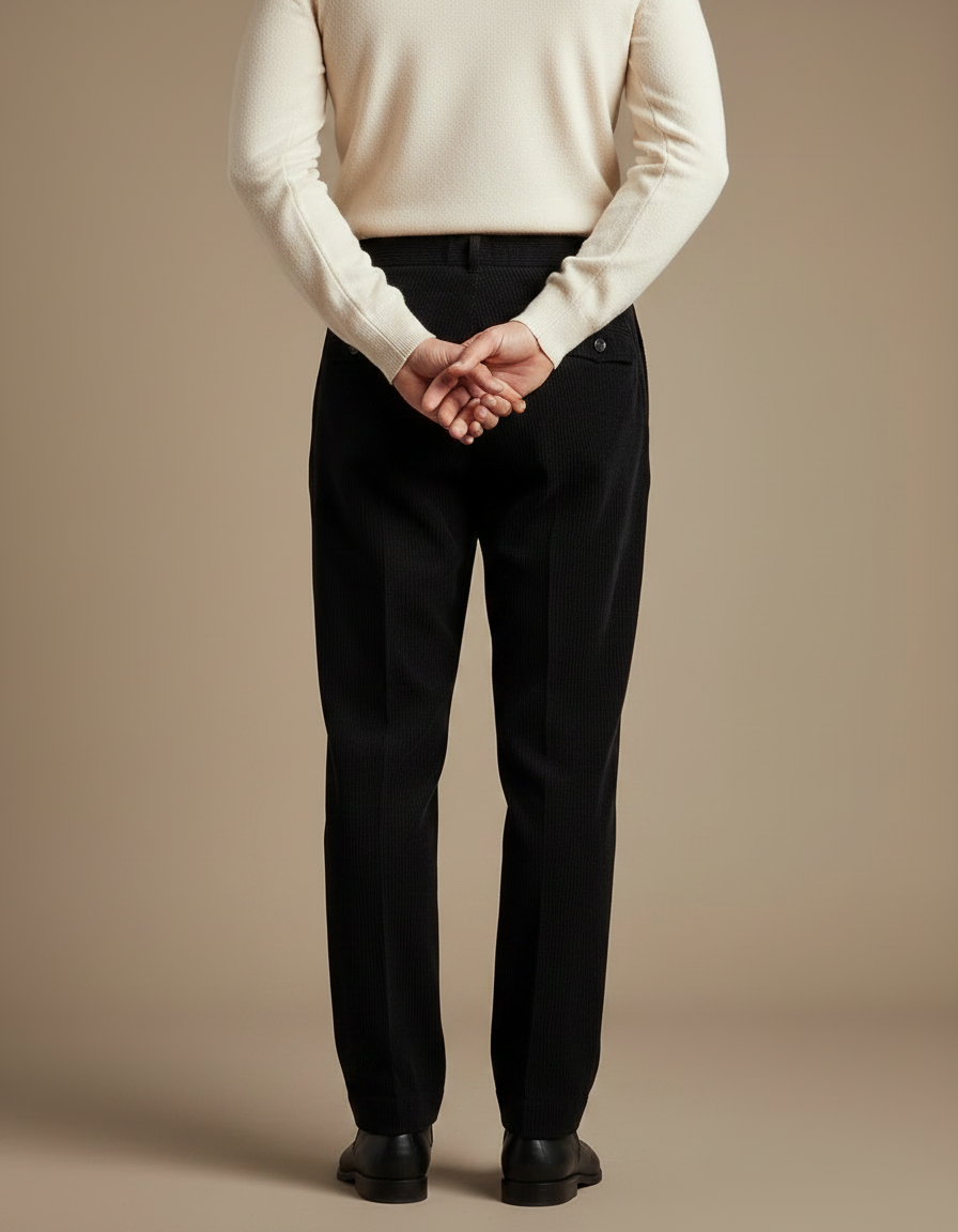 Pantalon À Pince Noir Côtelé Plissé Droit Formel Homme - Cordé - vue 2