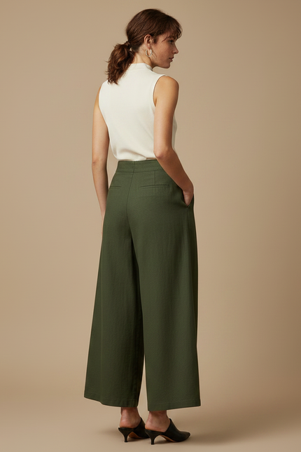 Pantalon À Pince Vert Ample Plissé Taille Haute Femme - Kaki Gabardine - vue 2