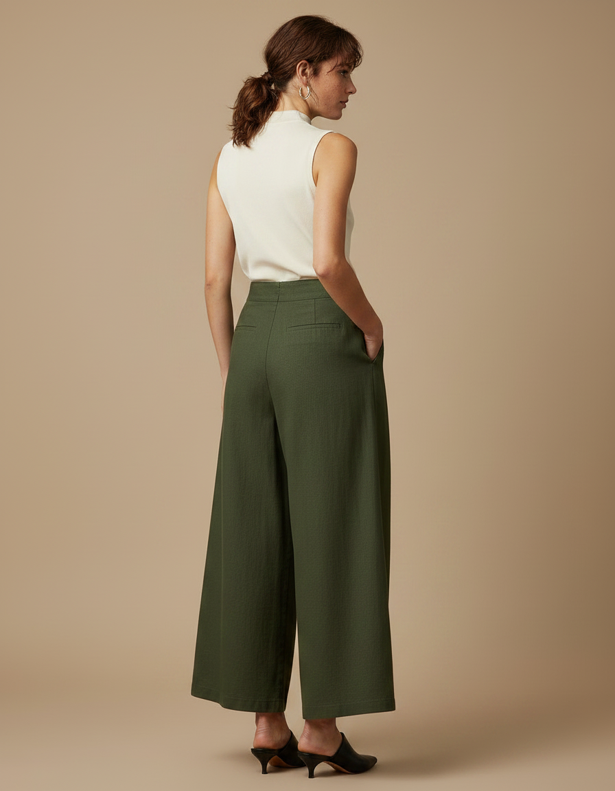 Pantalon À Pince Vert Ample Plissé Taille Haute Femme - Kaki Gabardine - vue 2