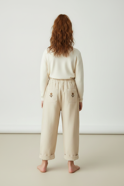 Pantalon À Pince Beige Brodé Fleur Ample Coton - Molleton - vue 2