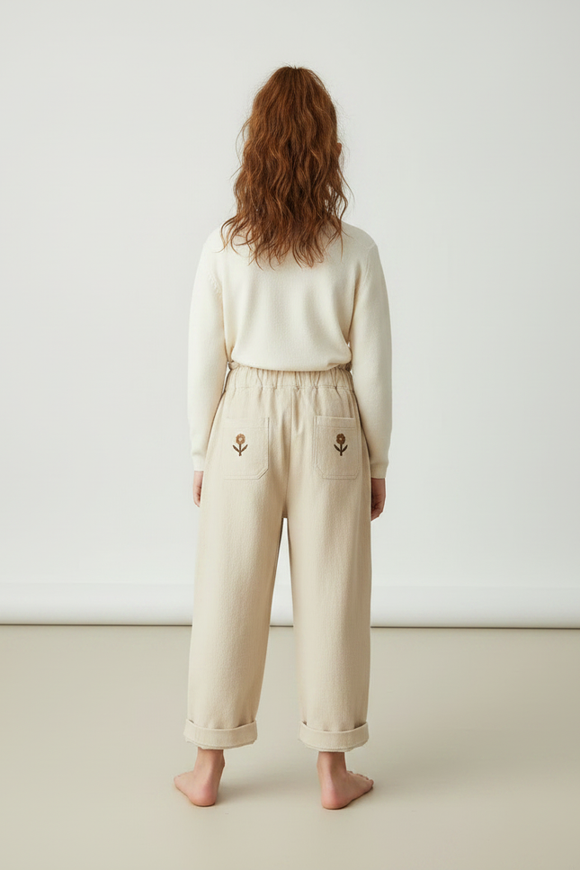 Pantalon À Pince Beige Brodé Fleur Ample Coton - Molleton - vue 2
