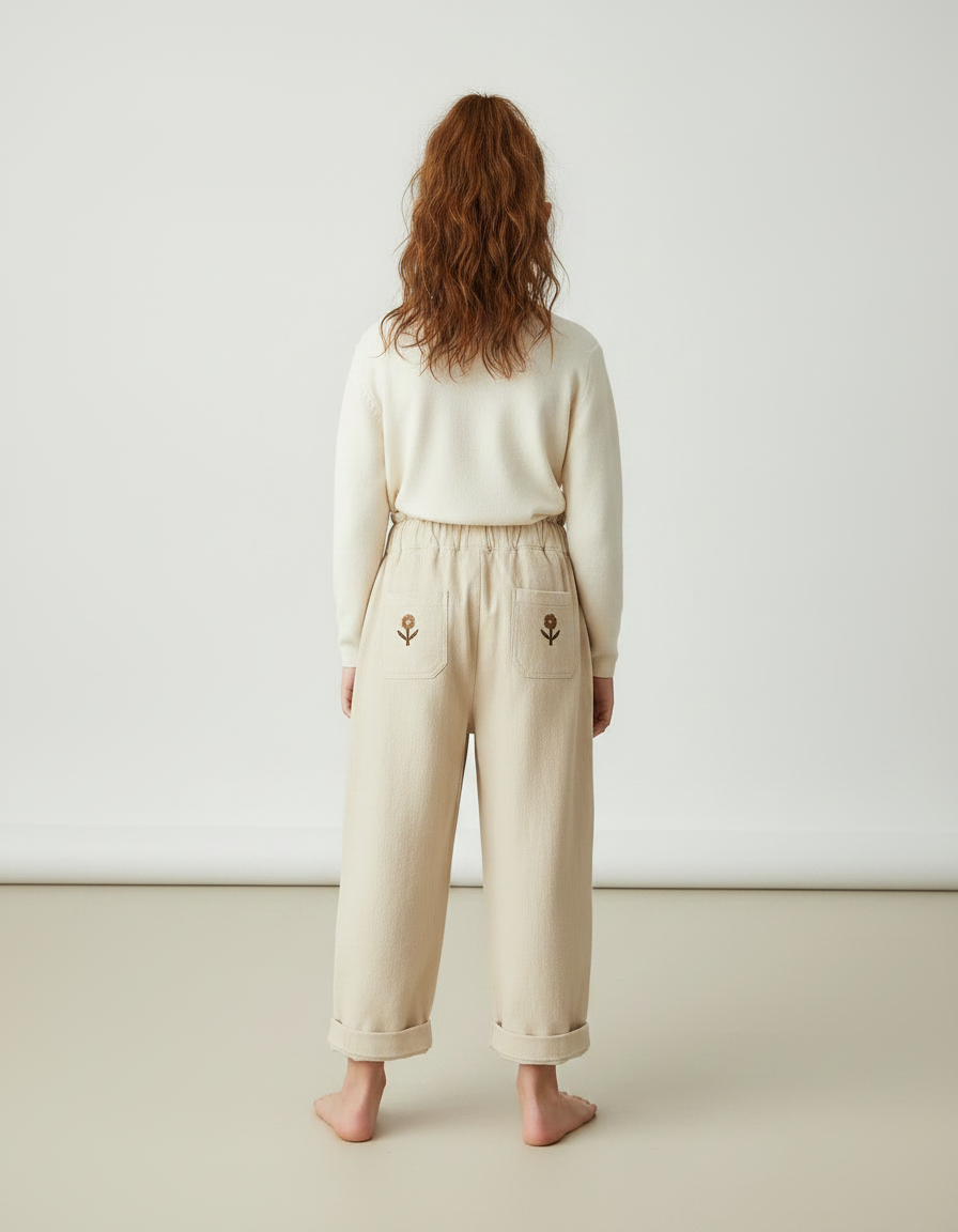 Pantalon À Pince Beige Brodé Fleur Ample Coton - Molleton - vue 2
