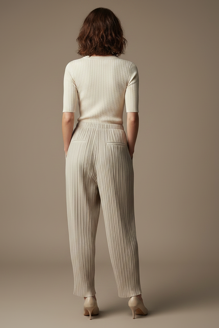Pantalon À Pince Plissé Ample Beige Décontracté Fluide - Polyester - vue 2