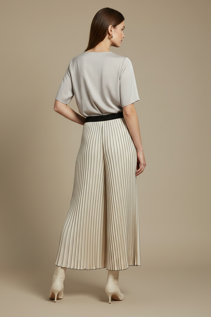 Pantalon À Pince Plissé Rayé Écru Fluide Femme - Beige Satin - vue 2