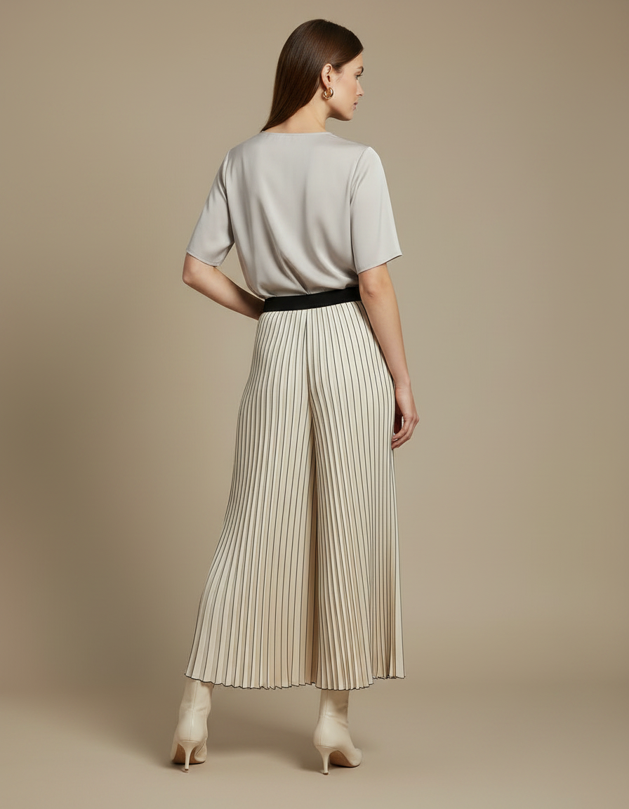 Pantalon À Pince Plissé Rayé Écru Fluide Femme - Beige Satin - vue 2