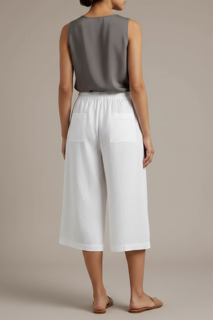 Pantalon À Pince Blanc Lin Ample Court Décontracté - vue 2
