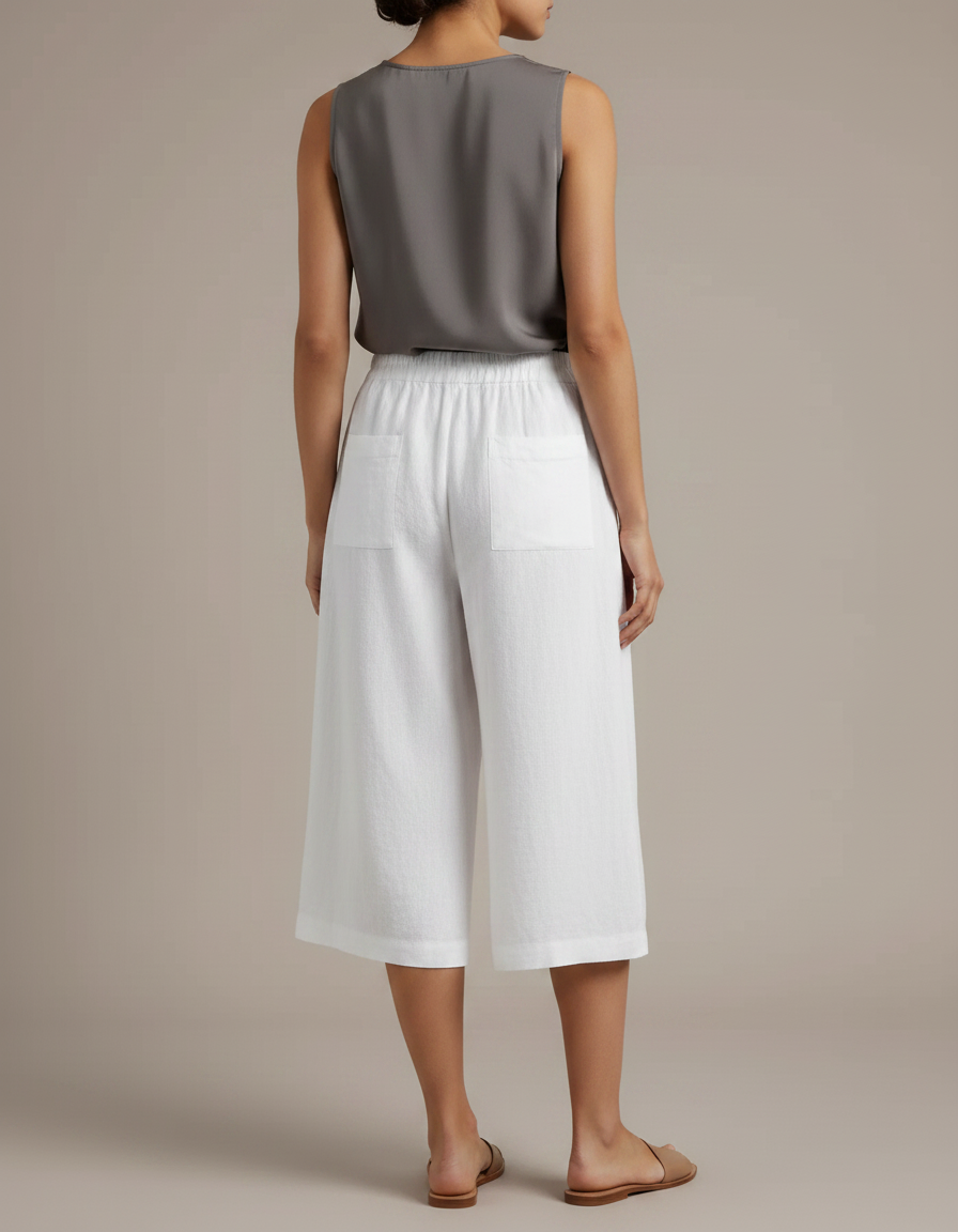 Pantalon À Pince Blanc Lin Ample Court Décontracté - vue 2