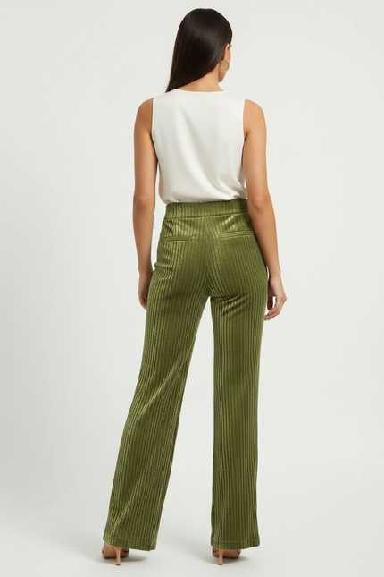Pantalon À Pince Vert Côtelé Velours Taille Haute Fluide - Cordé - vue 2