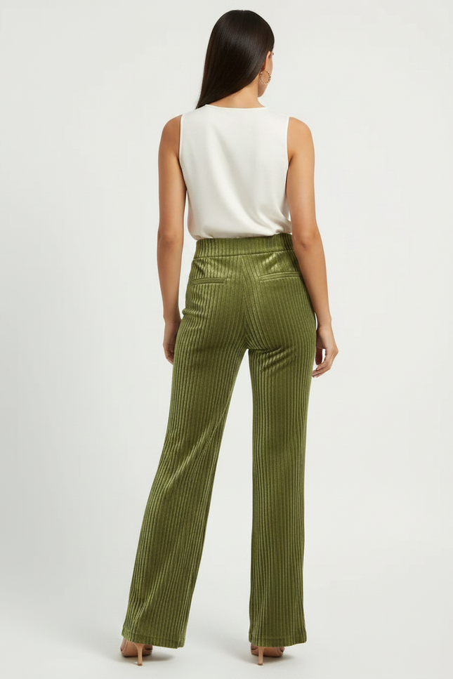 Pantalon À Pince Vert Côtelé Velours Taille Haute Fluide - Cordé - vue 2