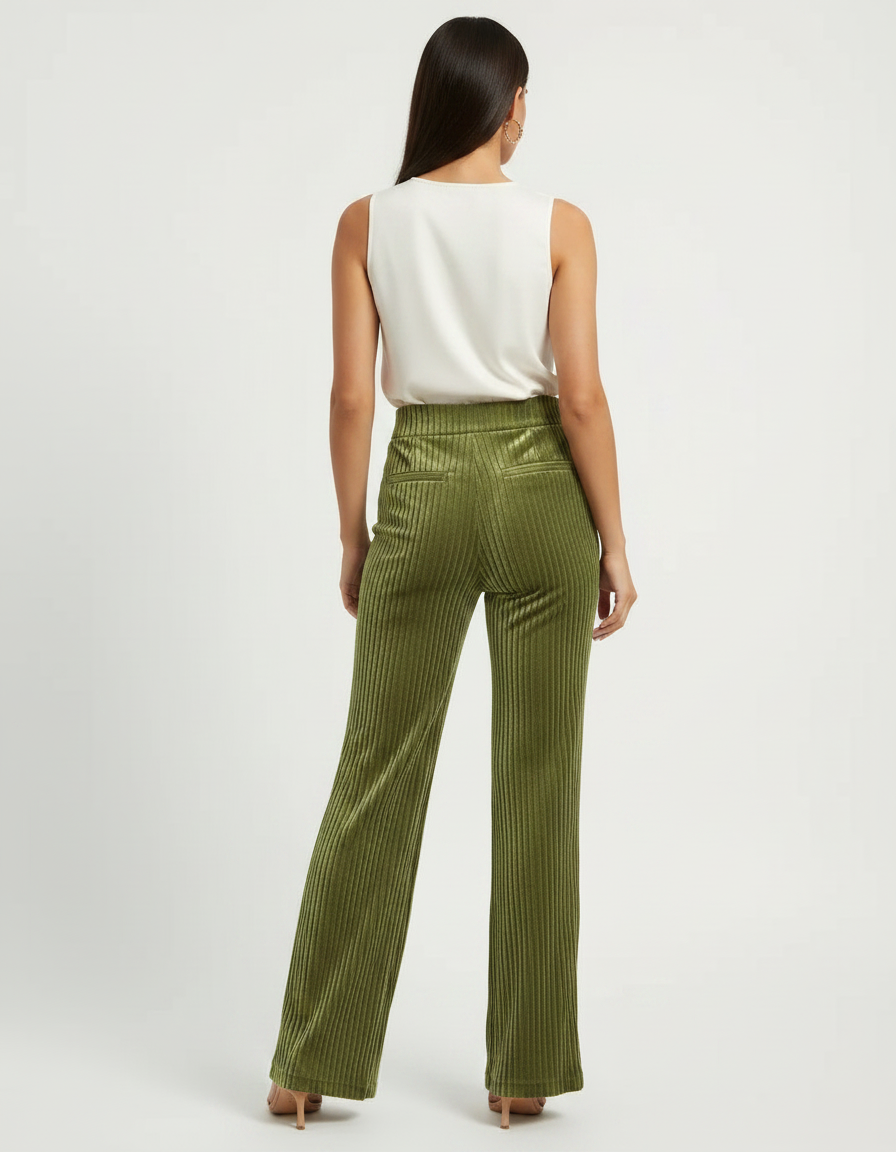 Pantalon À Pince Vert Côtelé Velours Taille Haute Fluide - Cordé - vue 2