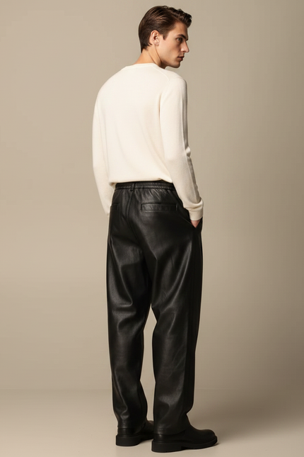 Pantalon À Pince Noir Ample Cuir Streetwear Homme - vue 2