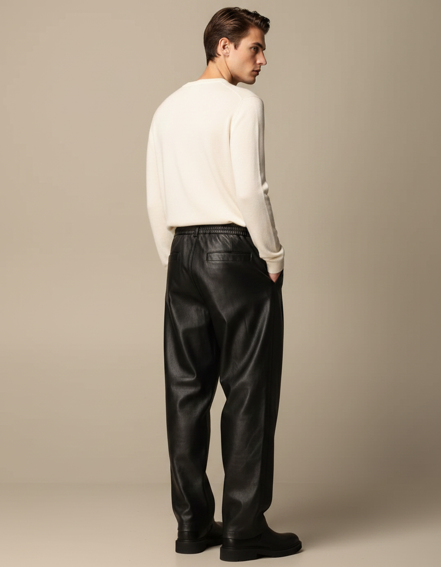 Pantalon À Pince Noir Ample Cuir Streetwear Homme - vue 2