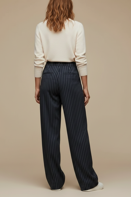 Pantalon À Pince Bleu Marine Rayé Ample Fluide Femme - Laine - vue 2