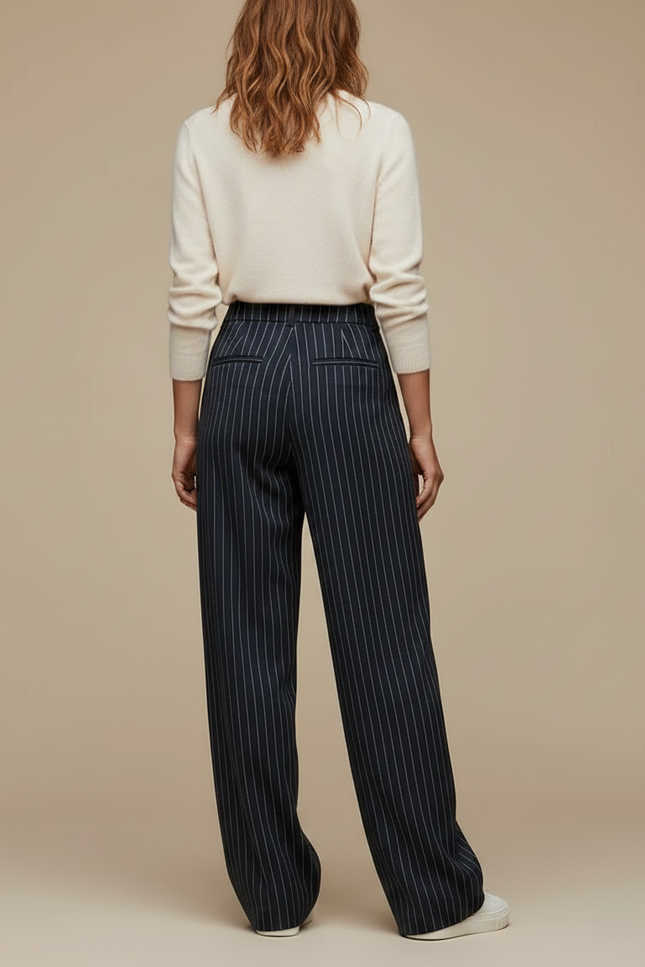 Pantalon À Pince Bleu Marine Rayé Ample Fluide Femme - Laine - vue 2