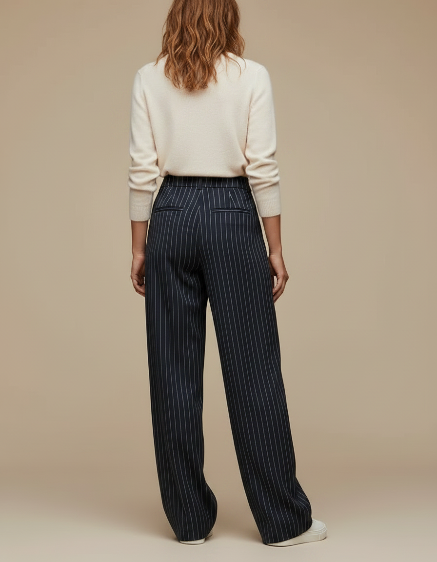 Pantalon À Pince Bleu Marine Rayé Ample Fluide Femme - Laine - vue 2
