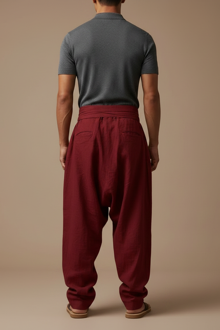 Pantalon À Pince Bordeaux Lin Plissé Décontracté Homme - vue 2