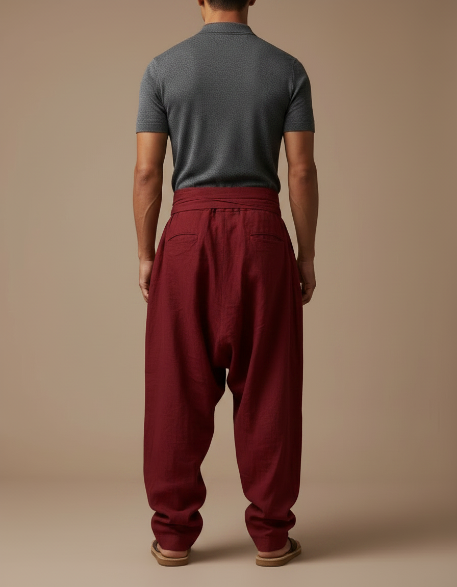 Pantalon À Pince Bordeaux Lin Plissé Décontracté Homme - vue 2