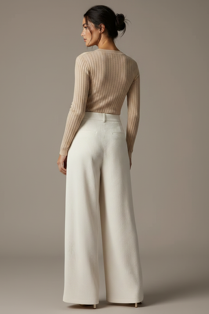 Pantalon À Pince Crème Côtelé Ample Décontracté Femme - Blanc Cordé - vue 2
