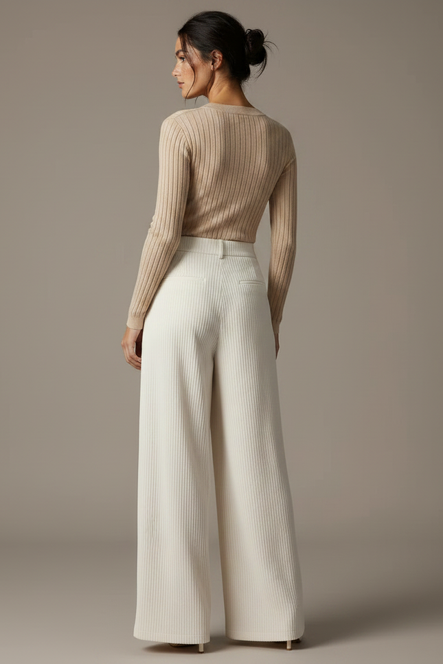 Pantalon À Pince Crème Côtelé Ample Décontracté Femme - Blanc Cordé - vue 2