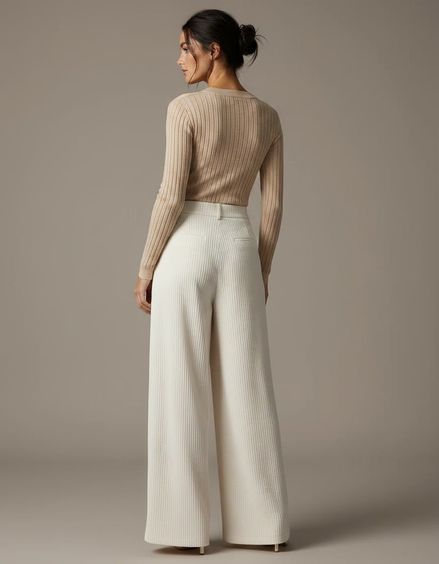 Pantalon À Pince Crème Côtelé Ample Décontracté Femme - Blanc Cordé - vue 2