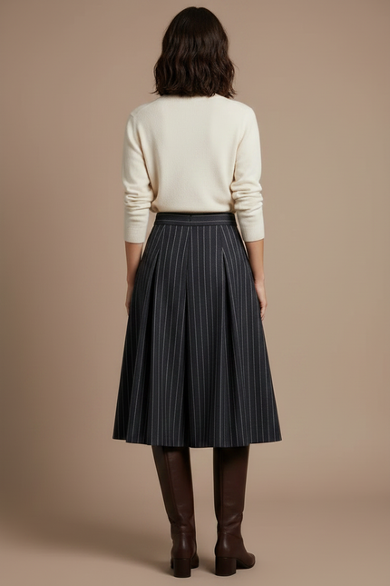 Pantalon À Pince Gris Rayé Plissé Laine Élégant - vue 2