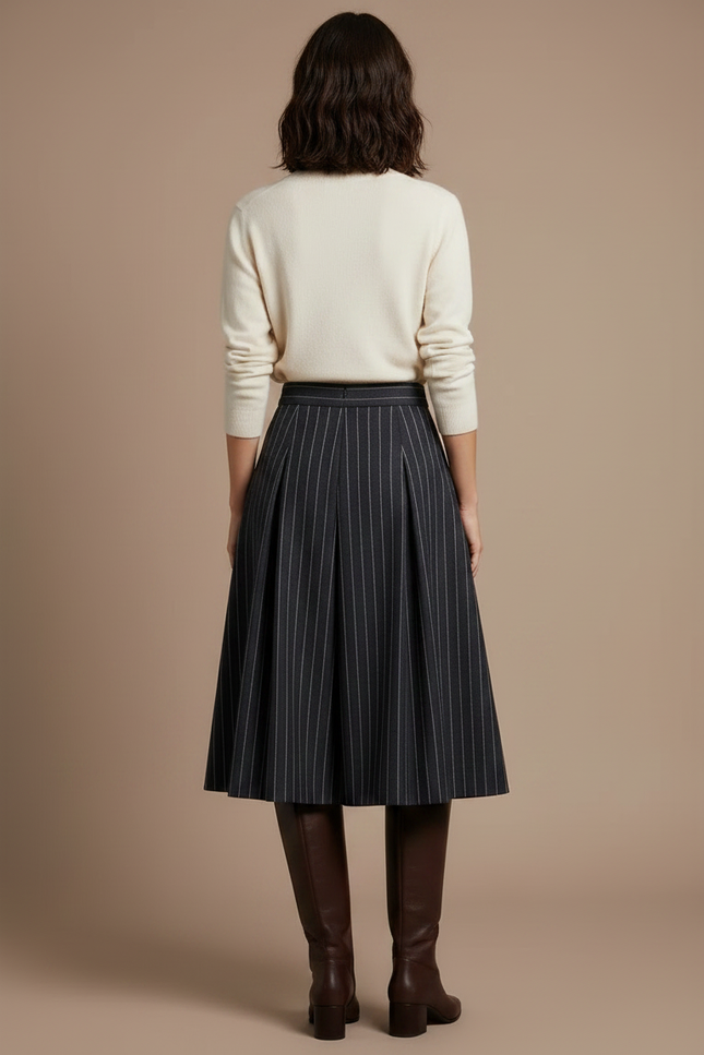 Pantalon À Pince Gris Rayé Plissé Laine Élégant - vue 2