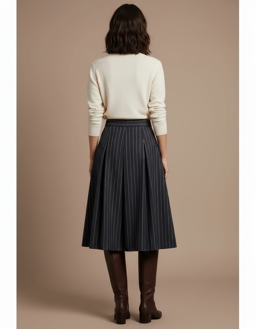 Pantalon À Pince Gris Rayé Plissé Laine Élégant - vue 2