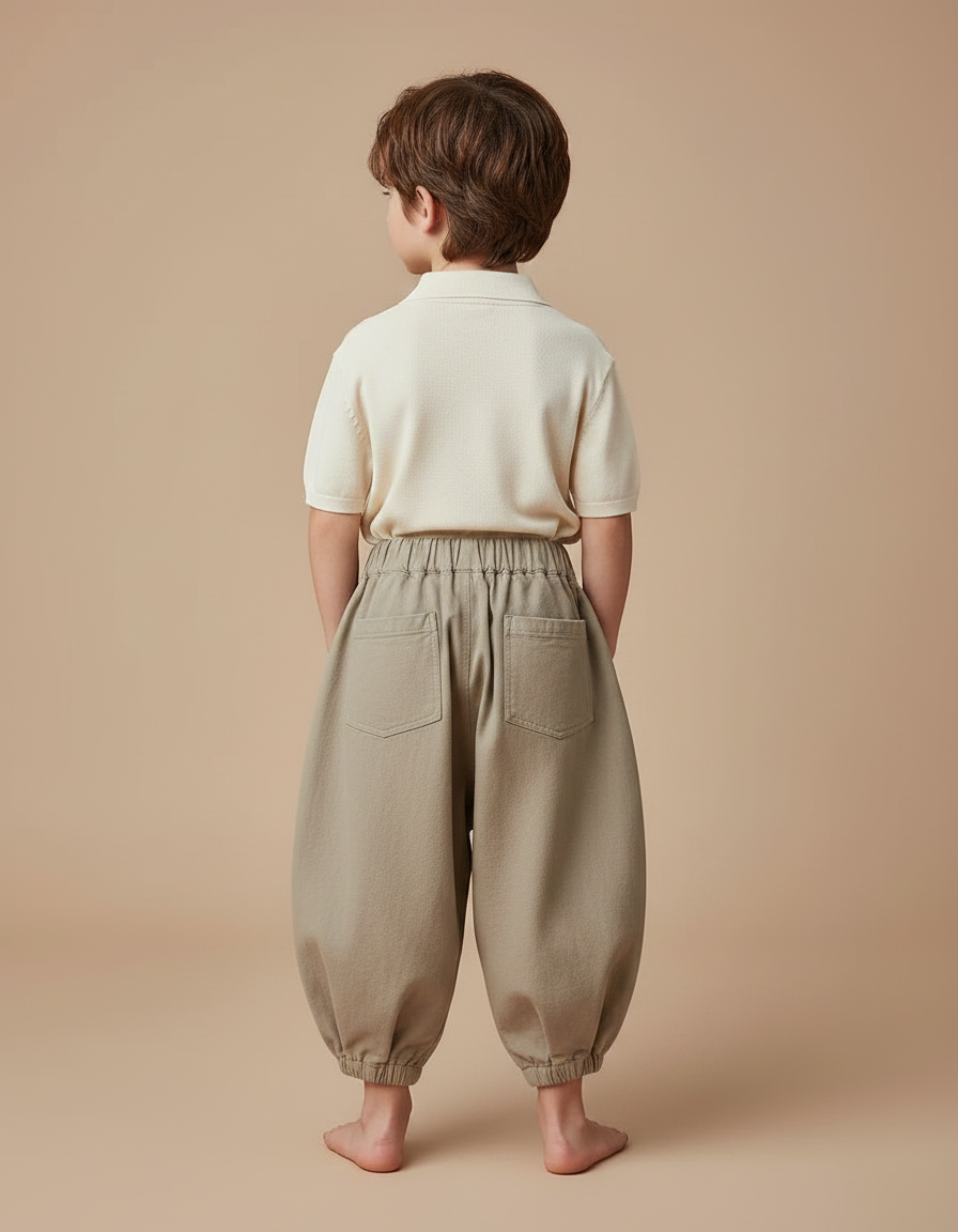 Pantalon À Pince Kaki Ample Coton Enfant Décontracté - vue 2