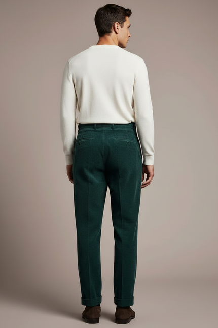 Pantalon À Pince Vert Sapin Côtelé Plissé Homme Élégant - Cordé - vue 2
