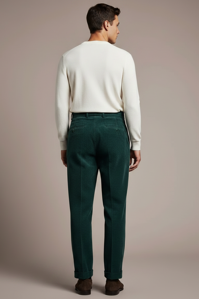 Pantalon À Pince Vert Sapin Côtelé Plissé Homme Élégant - Cordé - vue 2