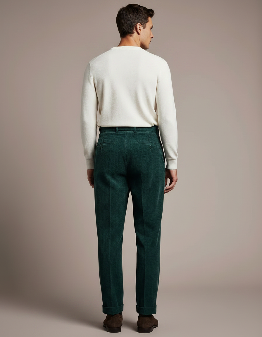 Pantalon À Pince Vert Sapin Côtelé Plissé Homme Élégant - Cordé - vue 2