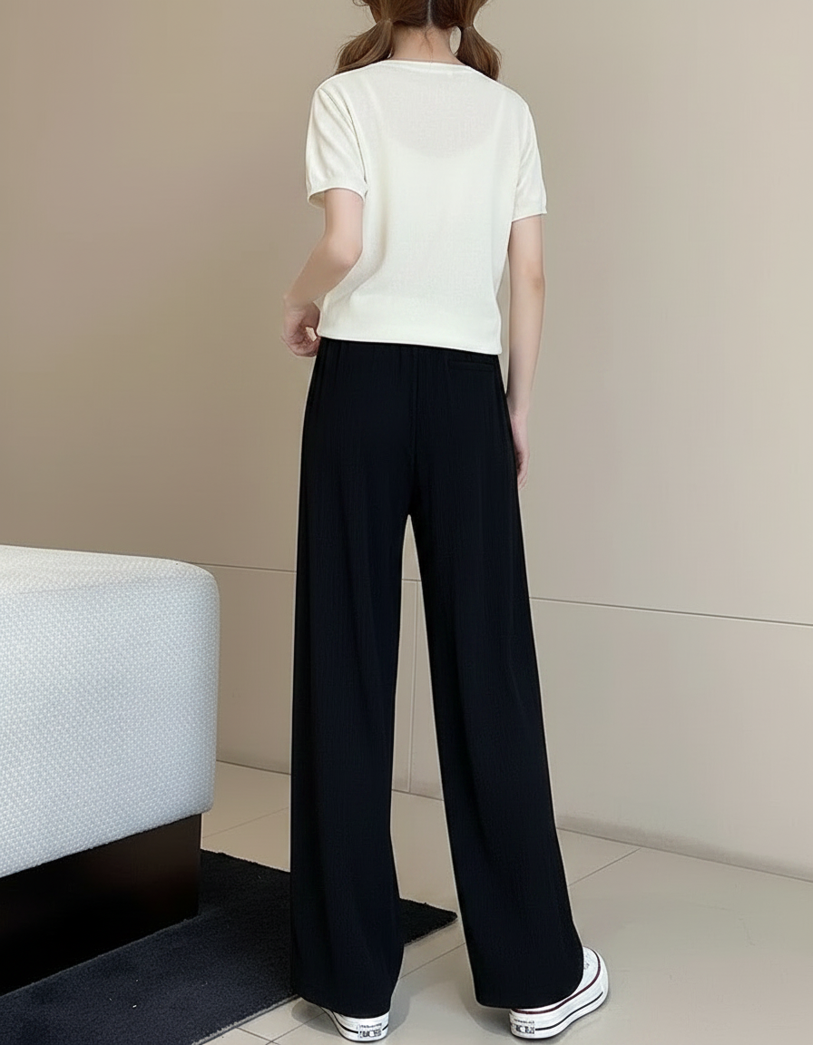 Pantalon À Pince Noir Ample Fluide Cordon Décontracté - Polyester - vue 2