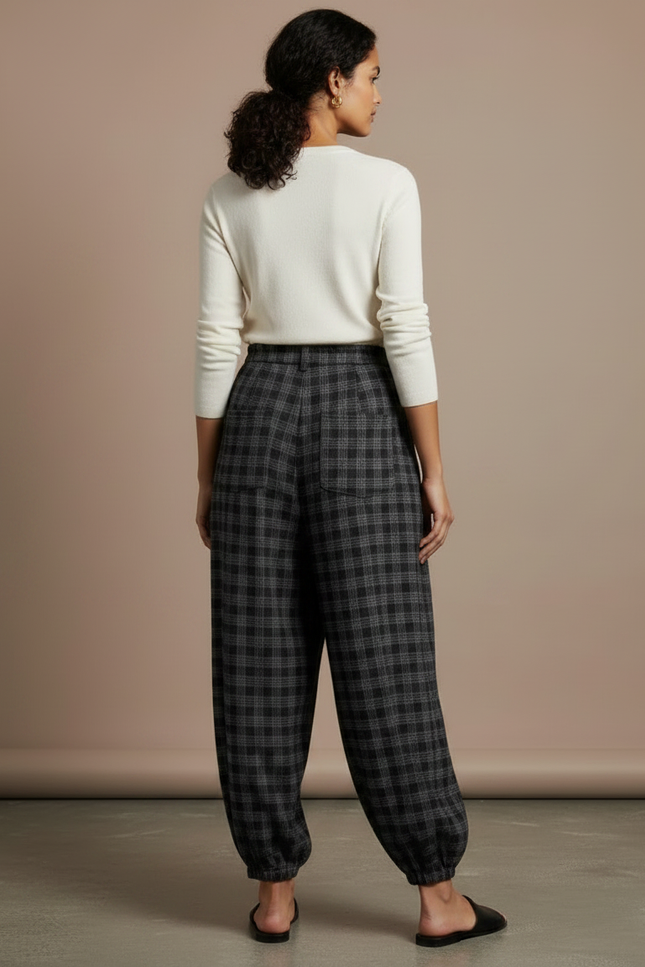 Pantalon À Pince Carreaux Plissé Ample Décontracté Élastique - Imprimé Laine - vue 2