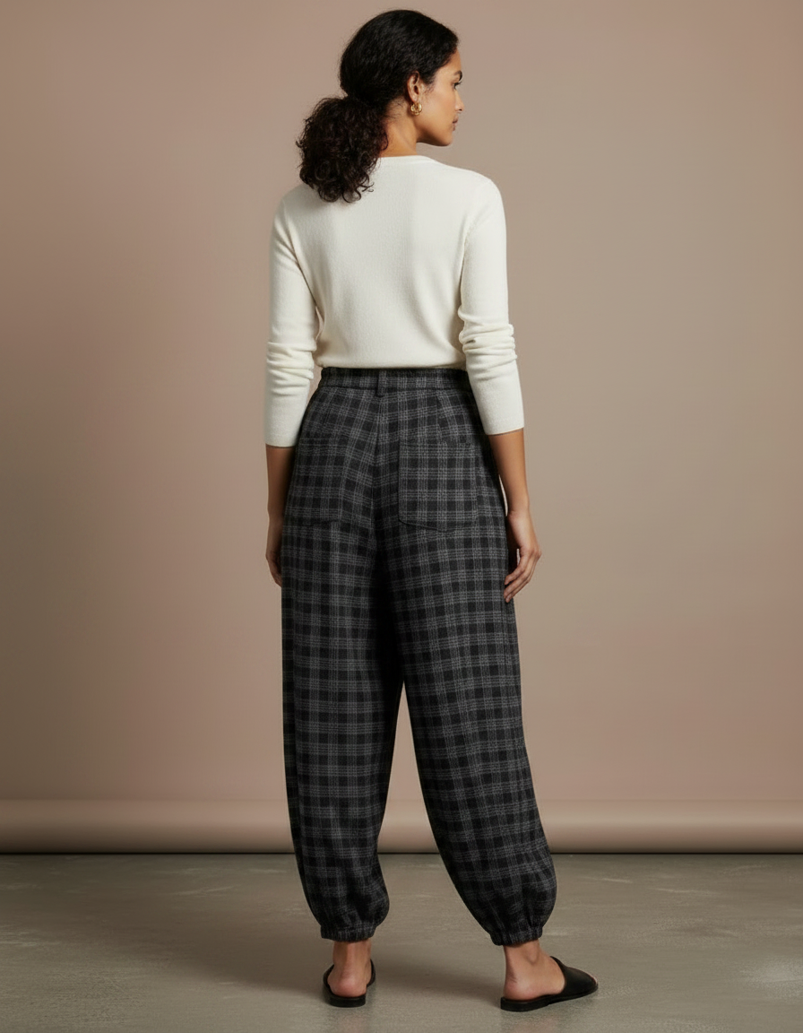 Pantalon À Pince Carreaux Plissé Ample Décontracté Élastique - Imprimé Laine - vue 2