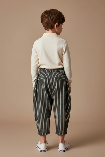 Pantalon À Pince Rayé Ample Coton Lin Court Décontracté - Gris - vue 2