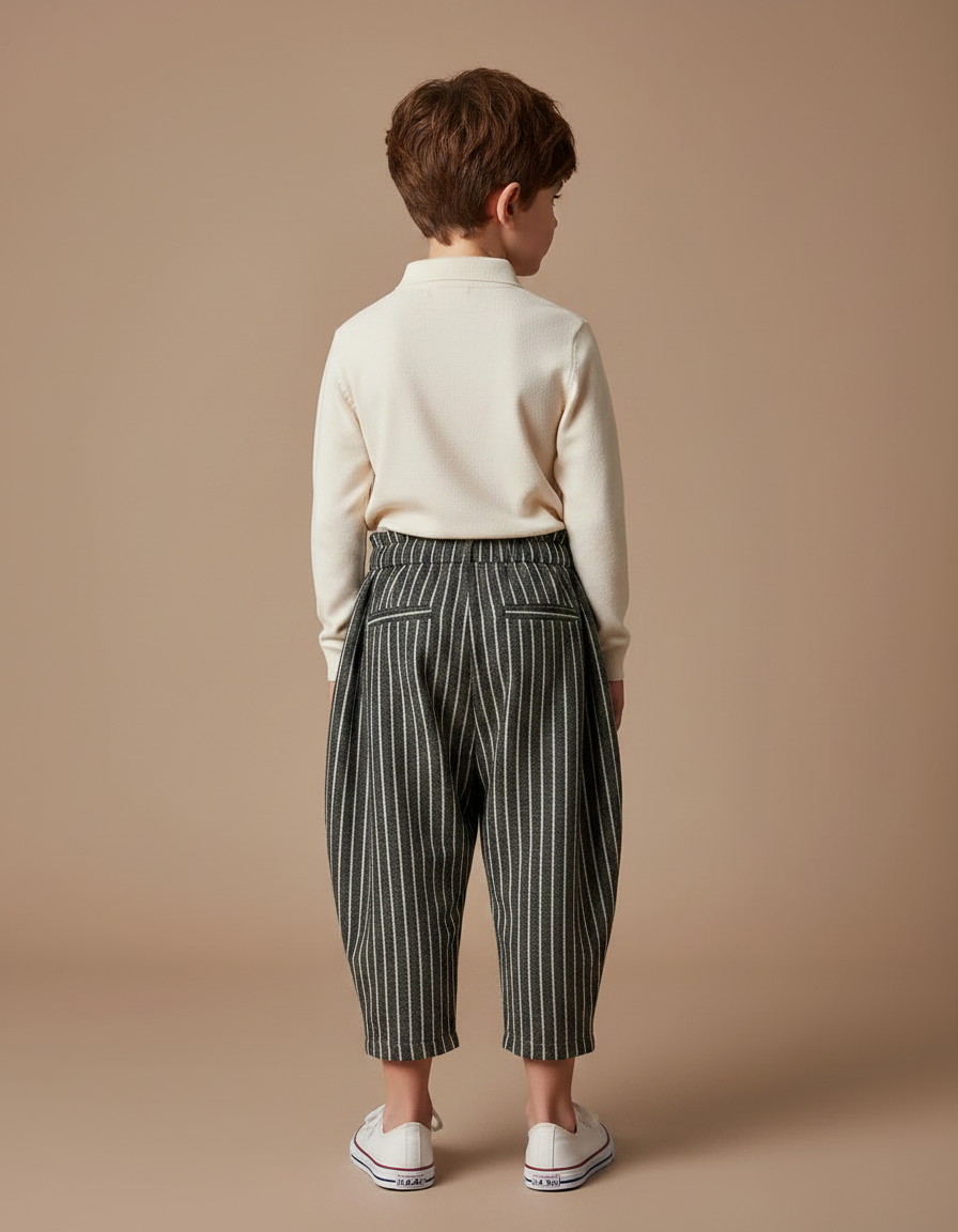 Pantalon À Pince Rayé Ample Coton Lin Court Décontracté - Gris - vue 2