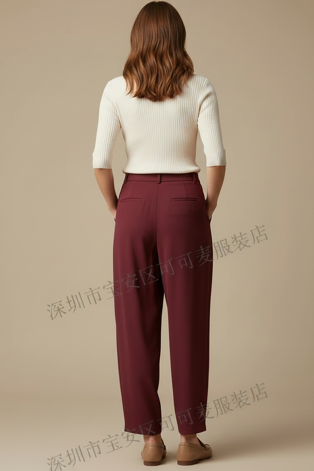Pantalon À Pince Bordeaux Plissé Fluide Ample Femme - Polyester - vue 2