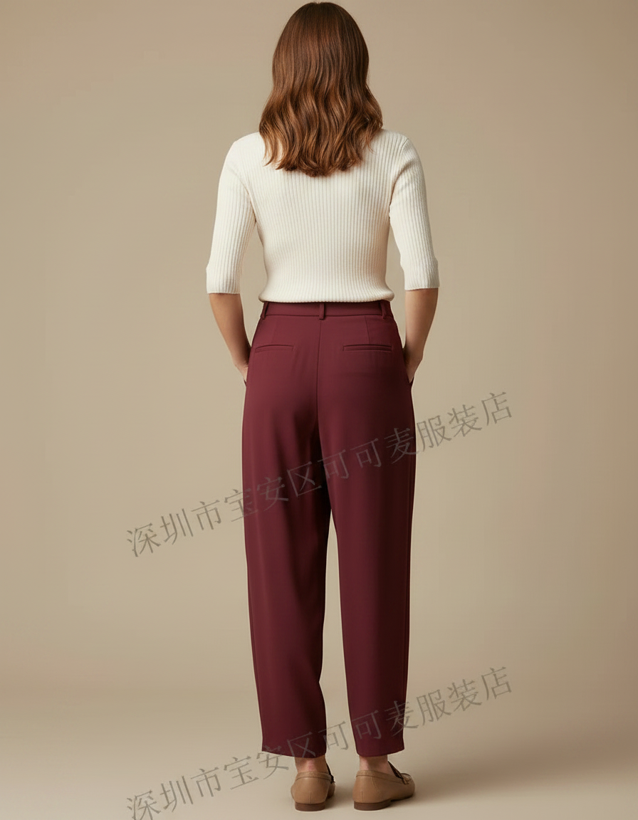 Pantalon À Pince Bordeaux Plissé Fluide Ample Femme - Polyester - vue 2