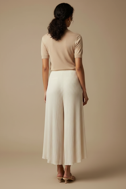 Pantalon À Pince Plissé Fluide Ample Écru Décontracté - Beige Maille - vue 2